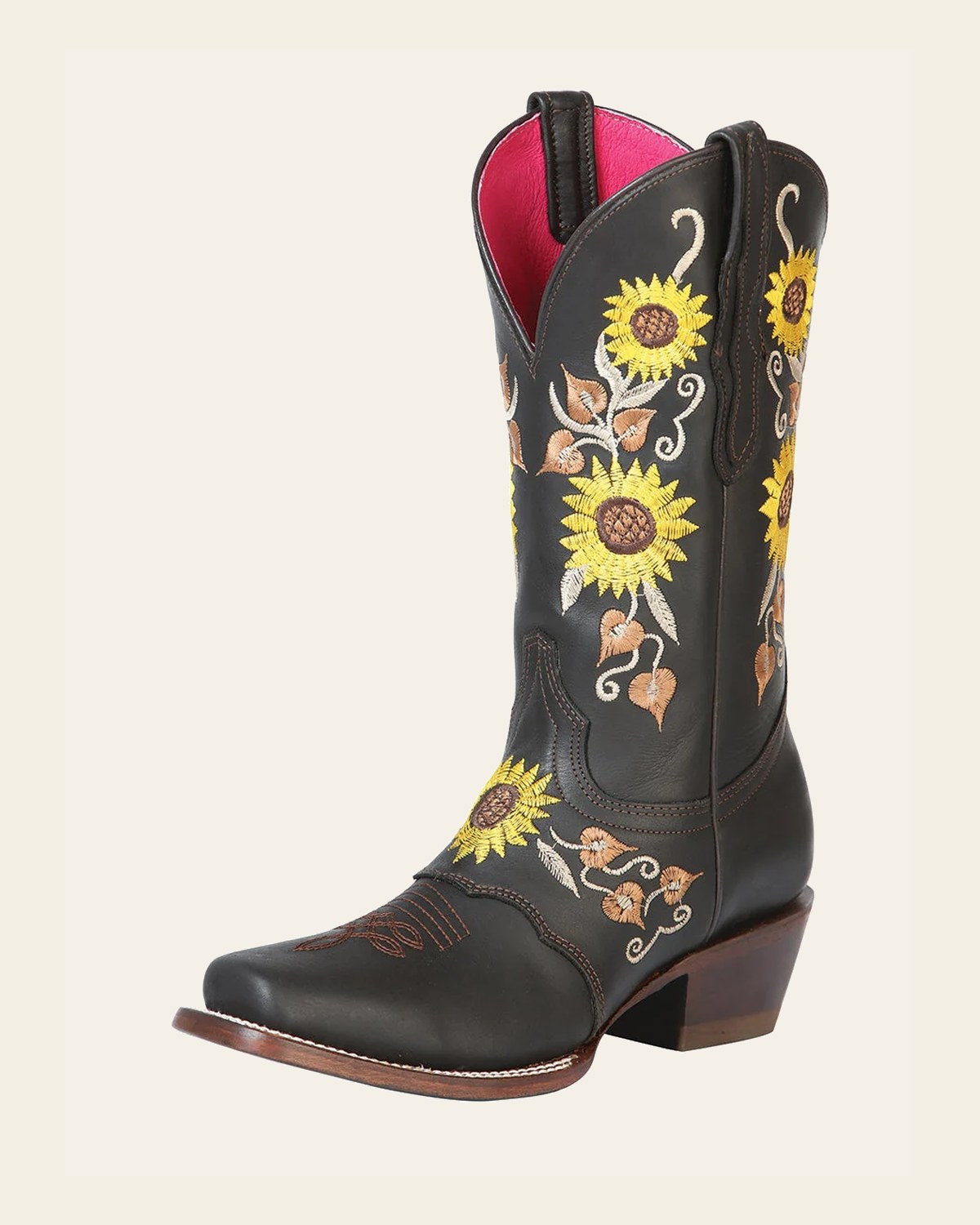 El General Womens Rodeo Boot- Dark Brown/Sunflowers 51144 on a warm cream background