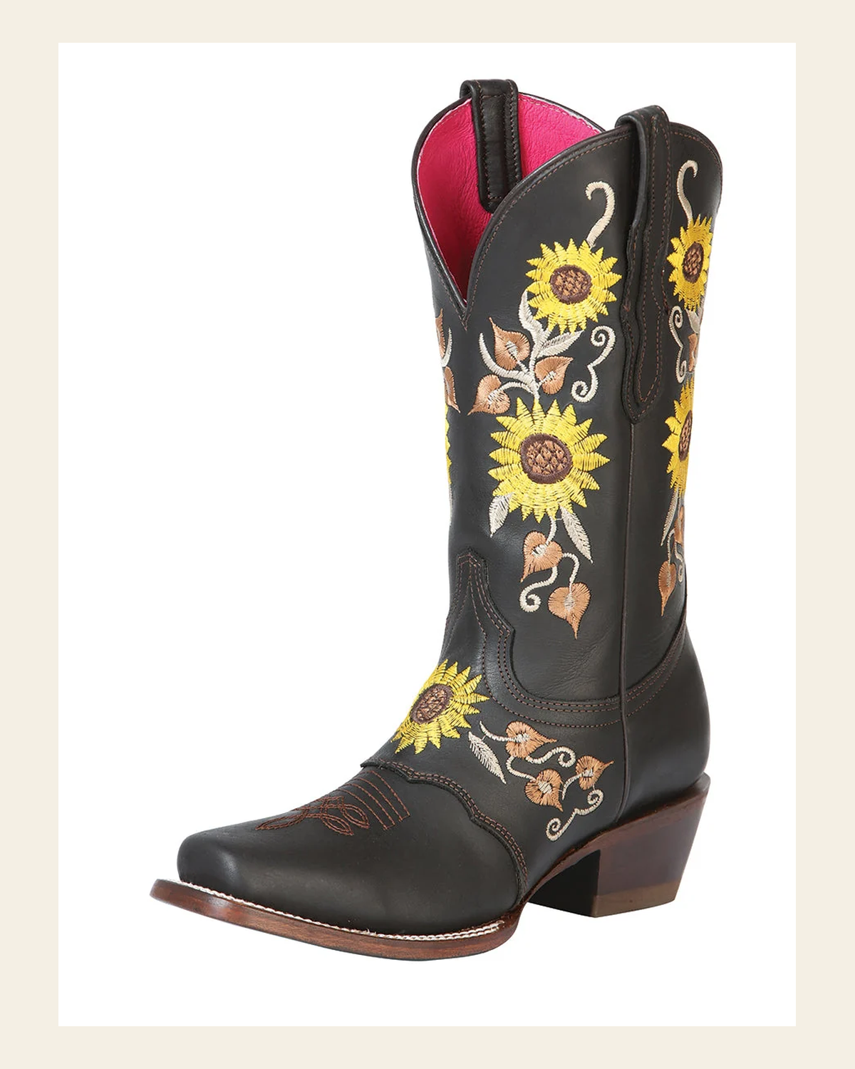El General Womens Rodeo Boot- Dark Brown/Sunflowers 51144 on a warm cream background