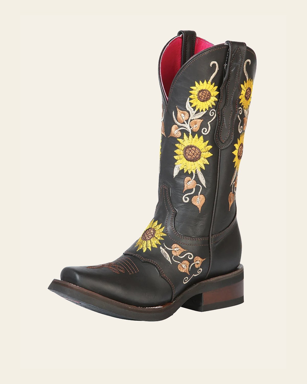 El General Women's Leather Western Cowboy Boot - Dark Brown/Sunflowers 51149 on a warm cream background