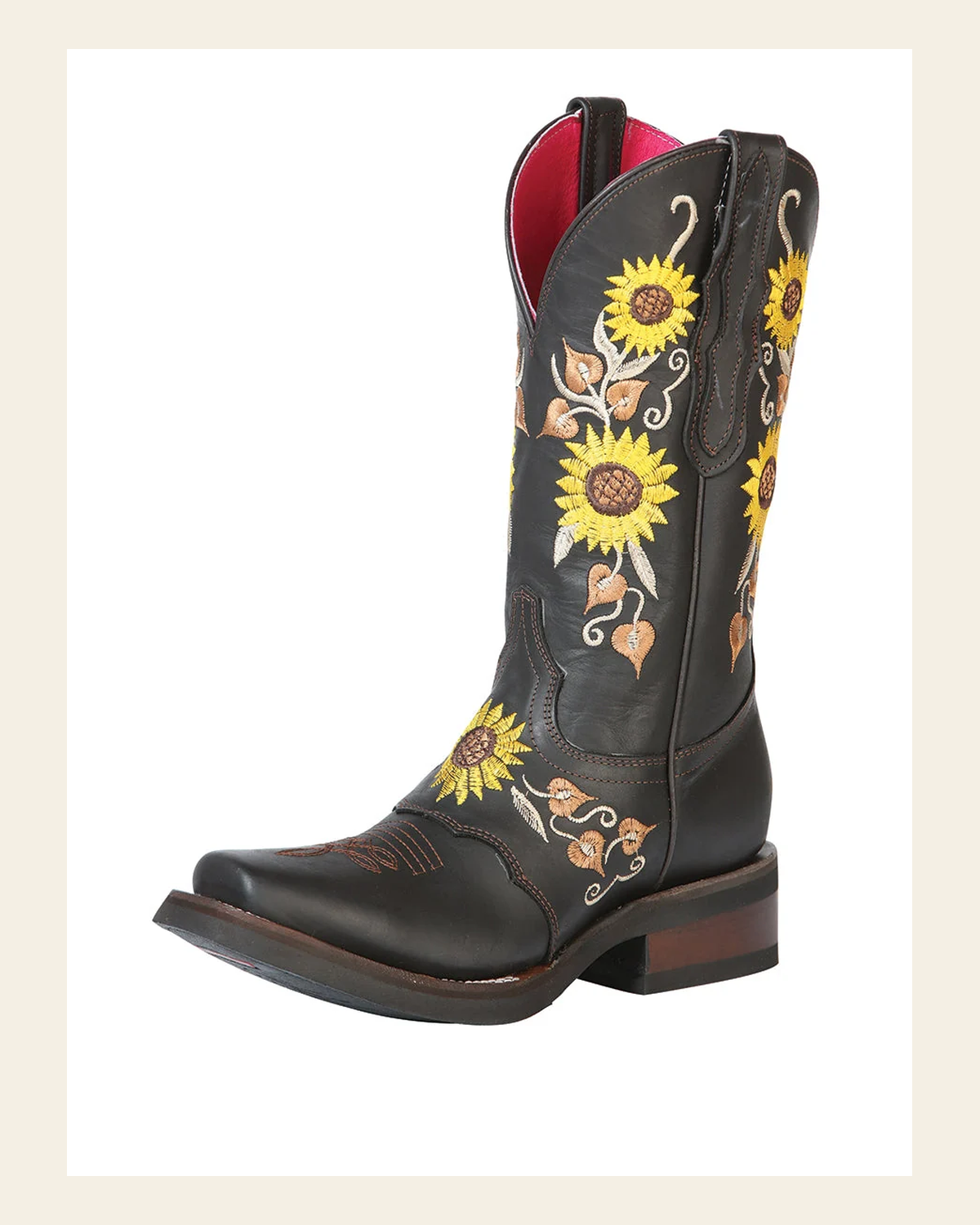 El General Women's Leather Western Cowboy Boot - Dark Brown/Sunflowers 51149 on a warm cream background