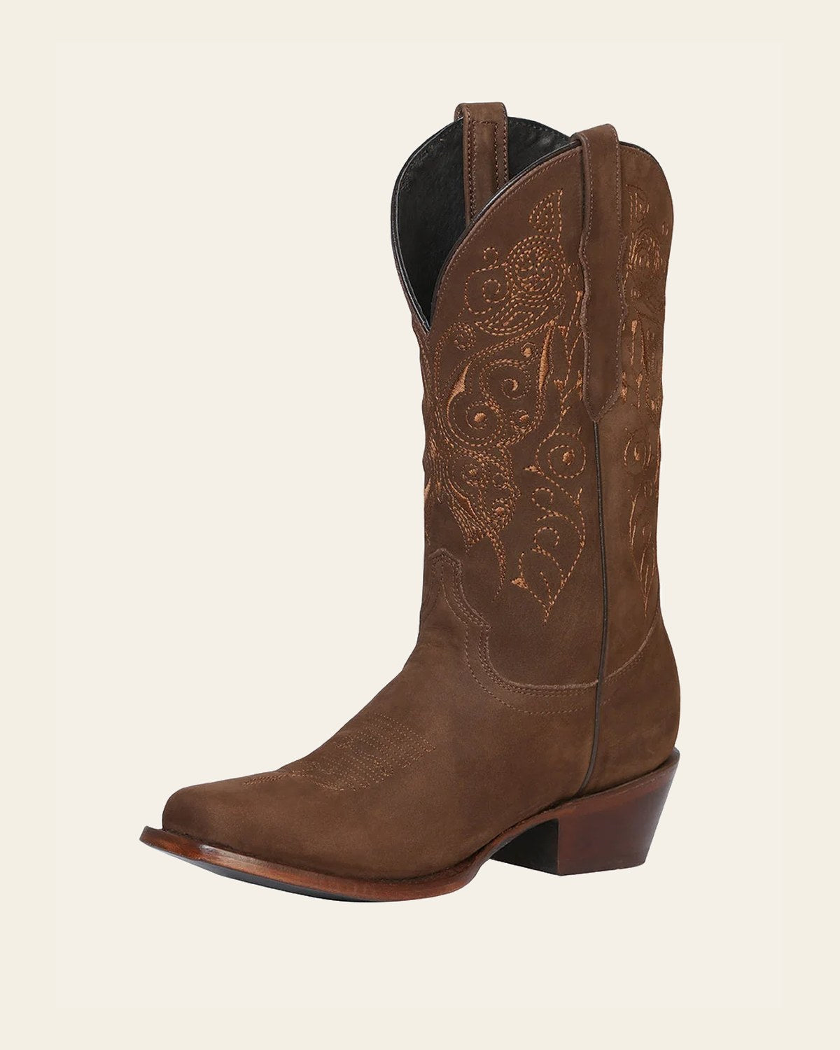 El General Women’s Leather Cowgirl Boots - Made in Mexico - Nubuck Camel 122488 on a warm cream background