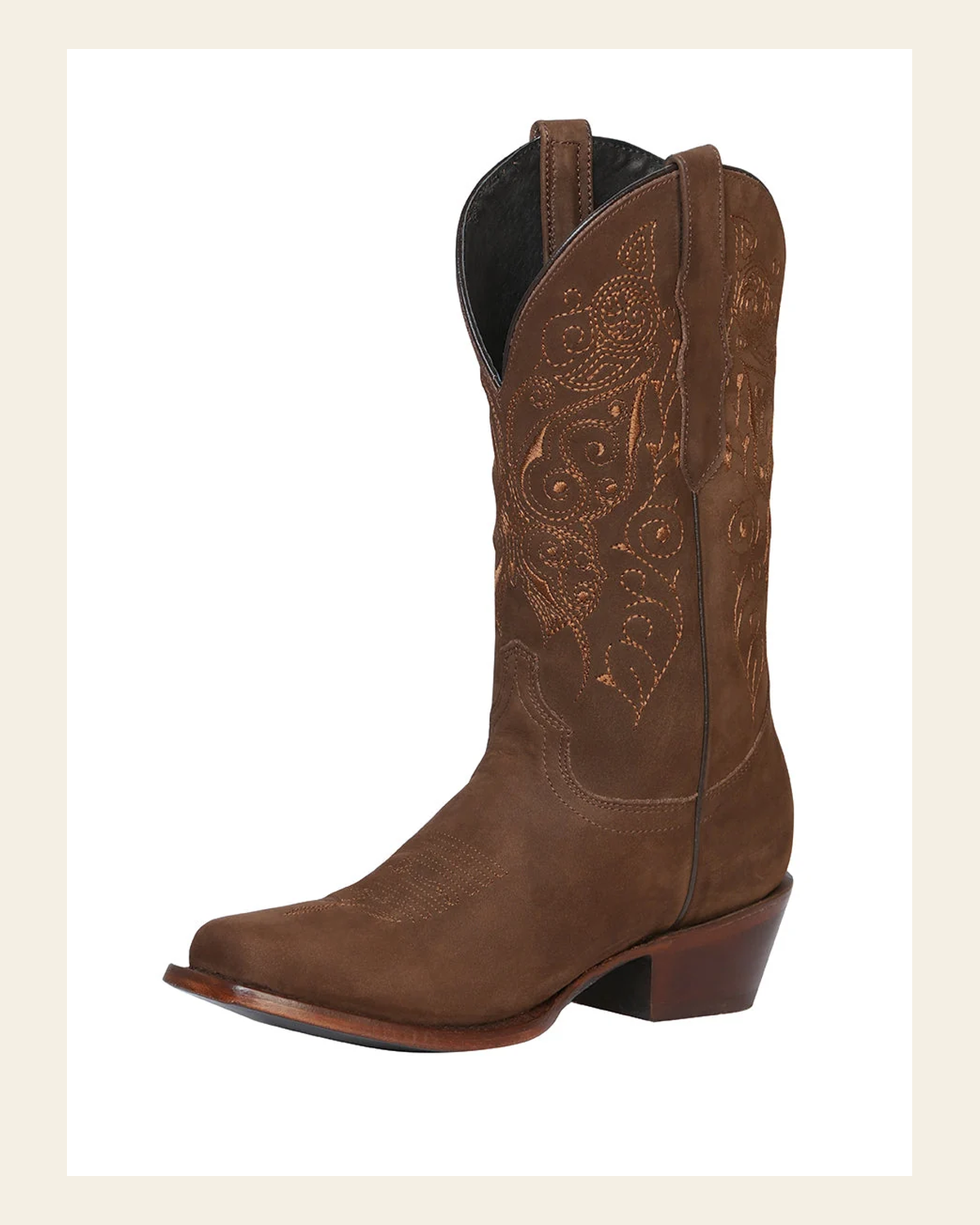El General Women’s Leather Cowgirl Boots - Made in Mexico - Nubuck Camel 122488 on a warm cream background
