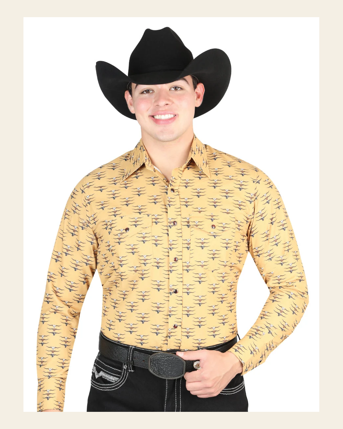 El General Men's Long Sleeve Western Fashion Snap Button Shirt - Yellow 44323 on a warm cream background