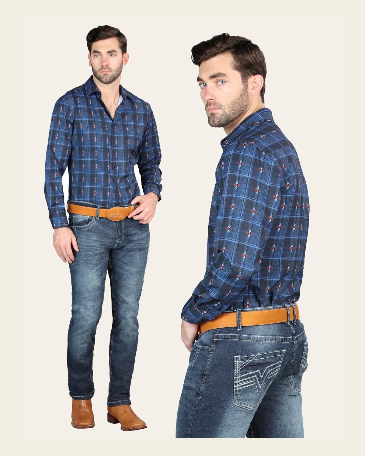 El Norteño Medium Blue Skinny Stretch Pants 126631 on a warm cream background
