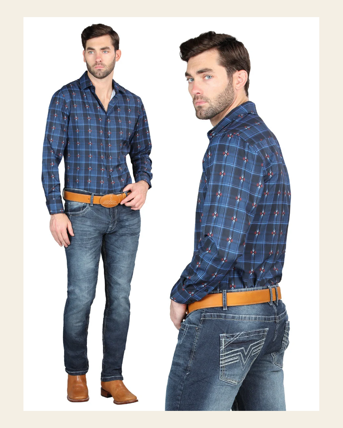 El Norteño Medium Blue Skinny Stretch Pants 126631 on a warm cream background