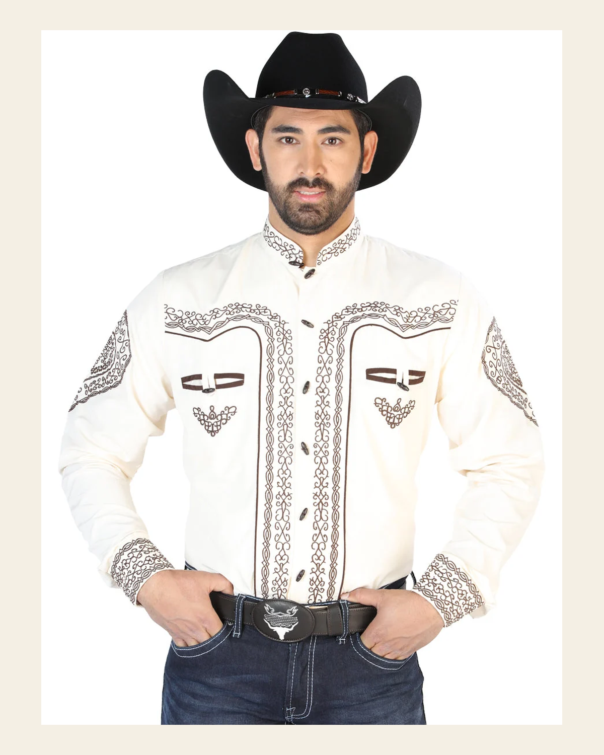 El Señor de los Cielos Charro Embroidery Shirt Beige/Brown 126690 on a warm cream background