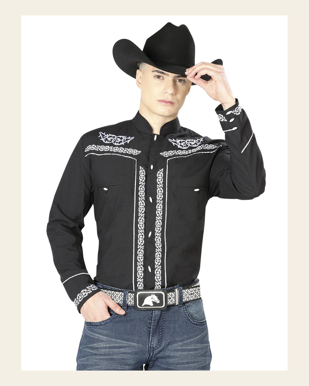 El General Men's Traditional Embroidered Western Charro Shirt Black/White 40782 on a warm cream background