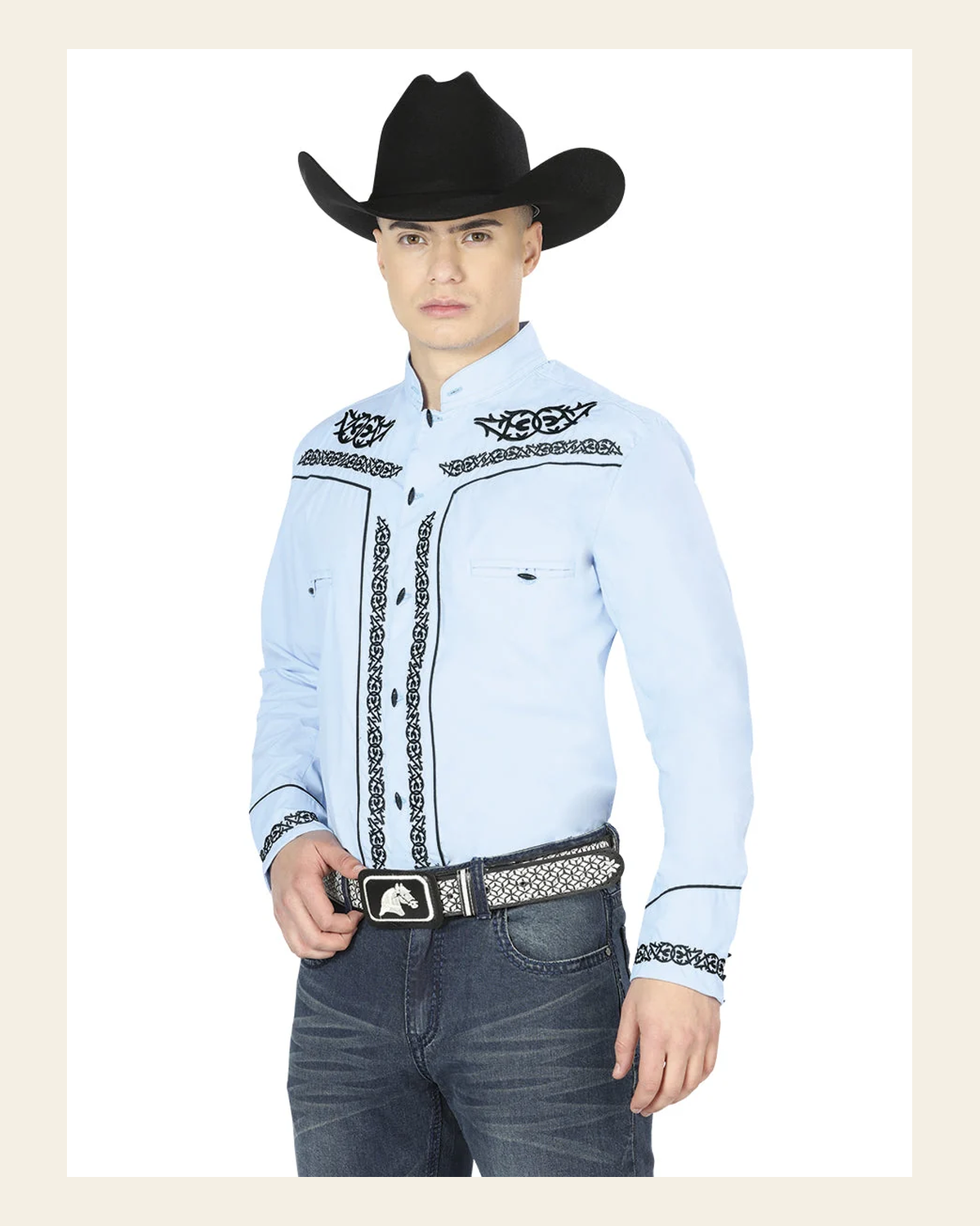 El General Men's Traditional Embroidered Western Charro Shirt Blue/Black 40785 on a warm cream background