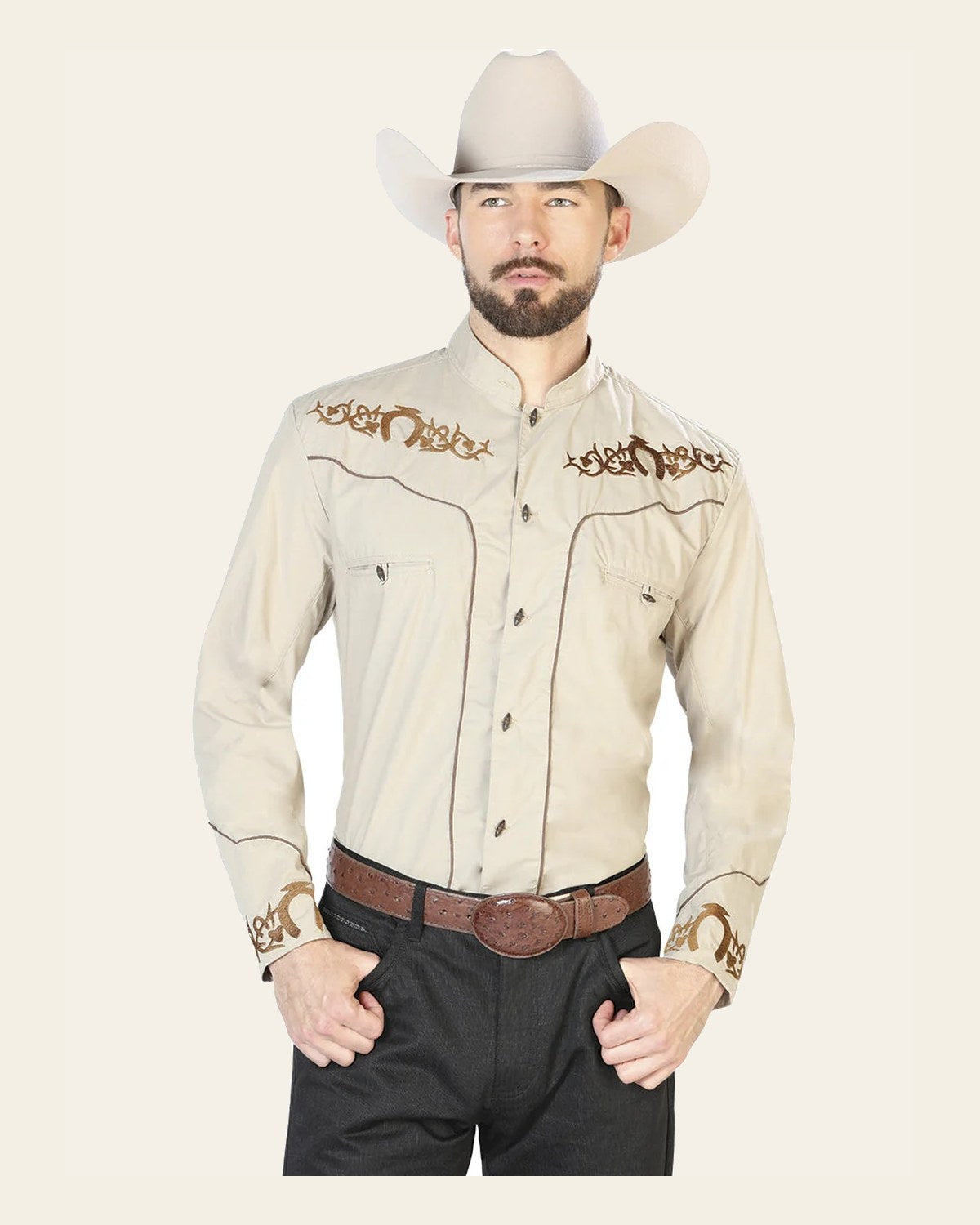 El General Men's Traditional Embroidered Western Charro Shirt Khaki/Brown 40789 on a warm cream background
