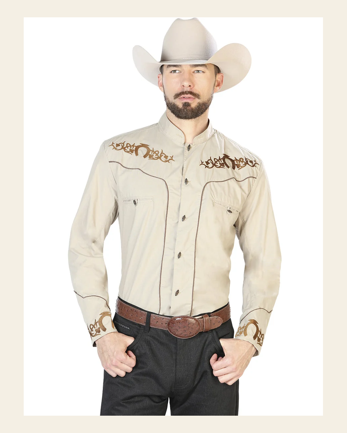 El General Men's Traditional Embroidered Western Charro Shirt Khaki/Brown 40789 on a warm cream background