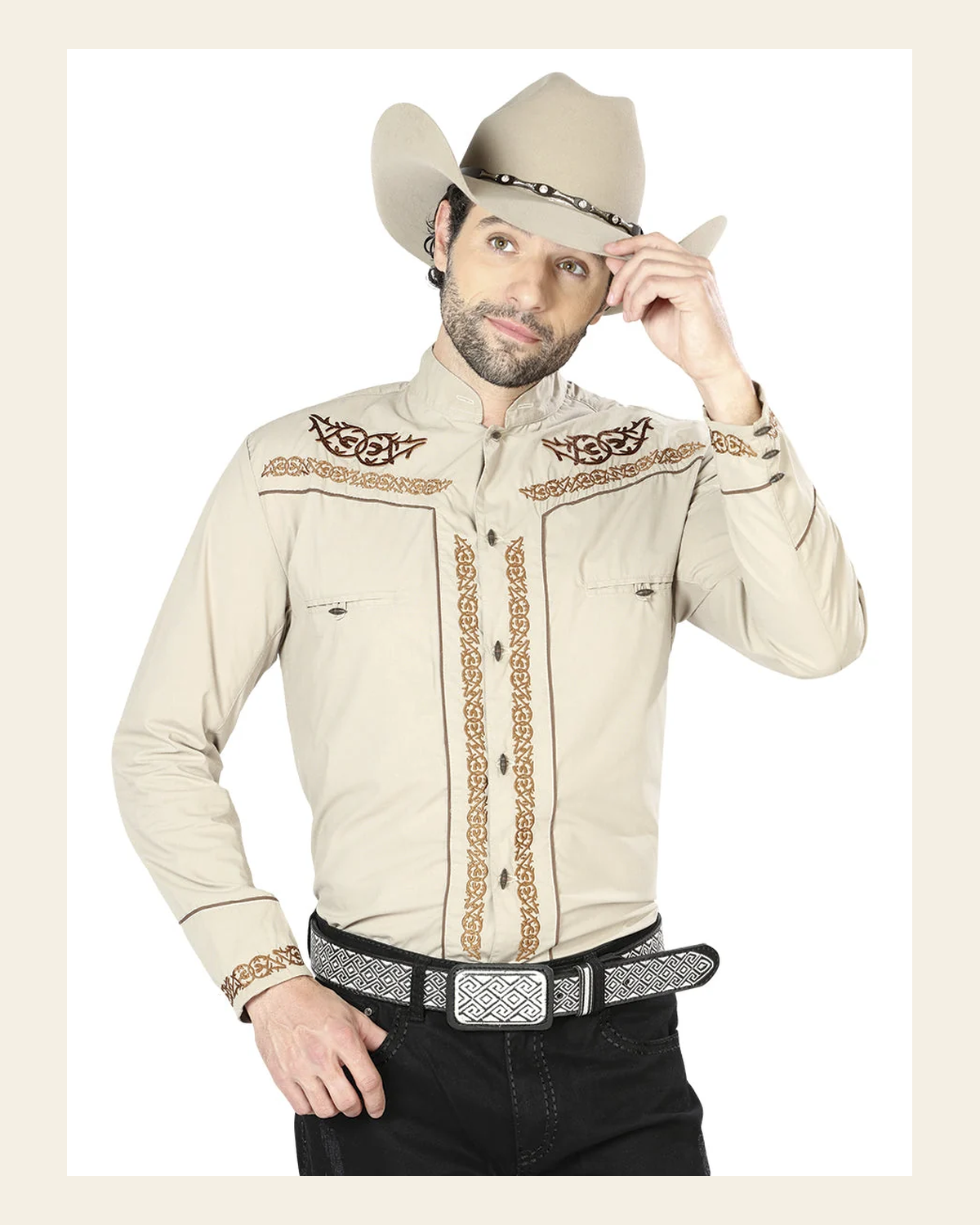 El General Men's Traditional Embroidered Western Shirt Khaki/Brown 42877 on a warm cream background