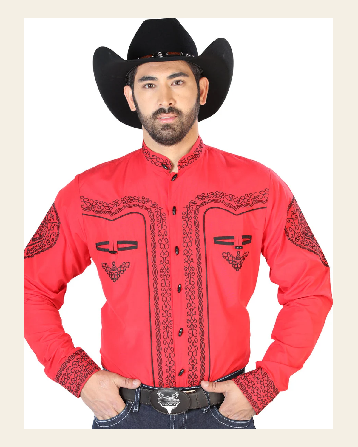 El Señor de los Cielos Charro Embroidery Shirt Red/Black 126689 on a warm cream background