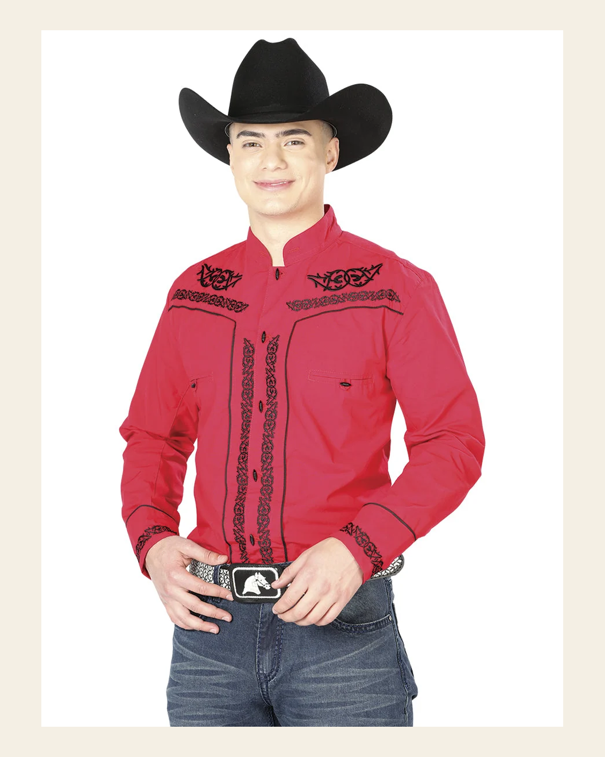 El General Men's Traditional Embroidered Western Charro Shirt Red/Black 40786 on a warm cream background