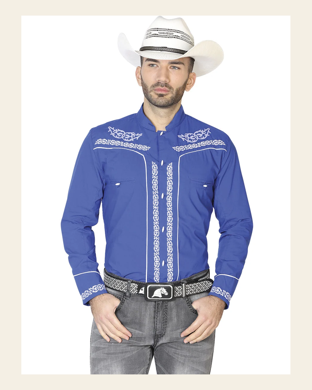 Men's Traditional Embroidered Western Shirt Royal Blue/White 42878 on a warm cream background