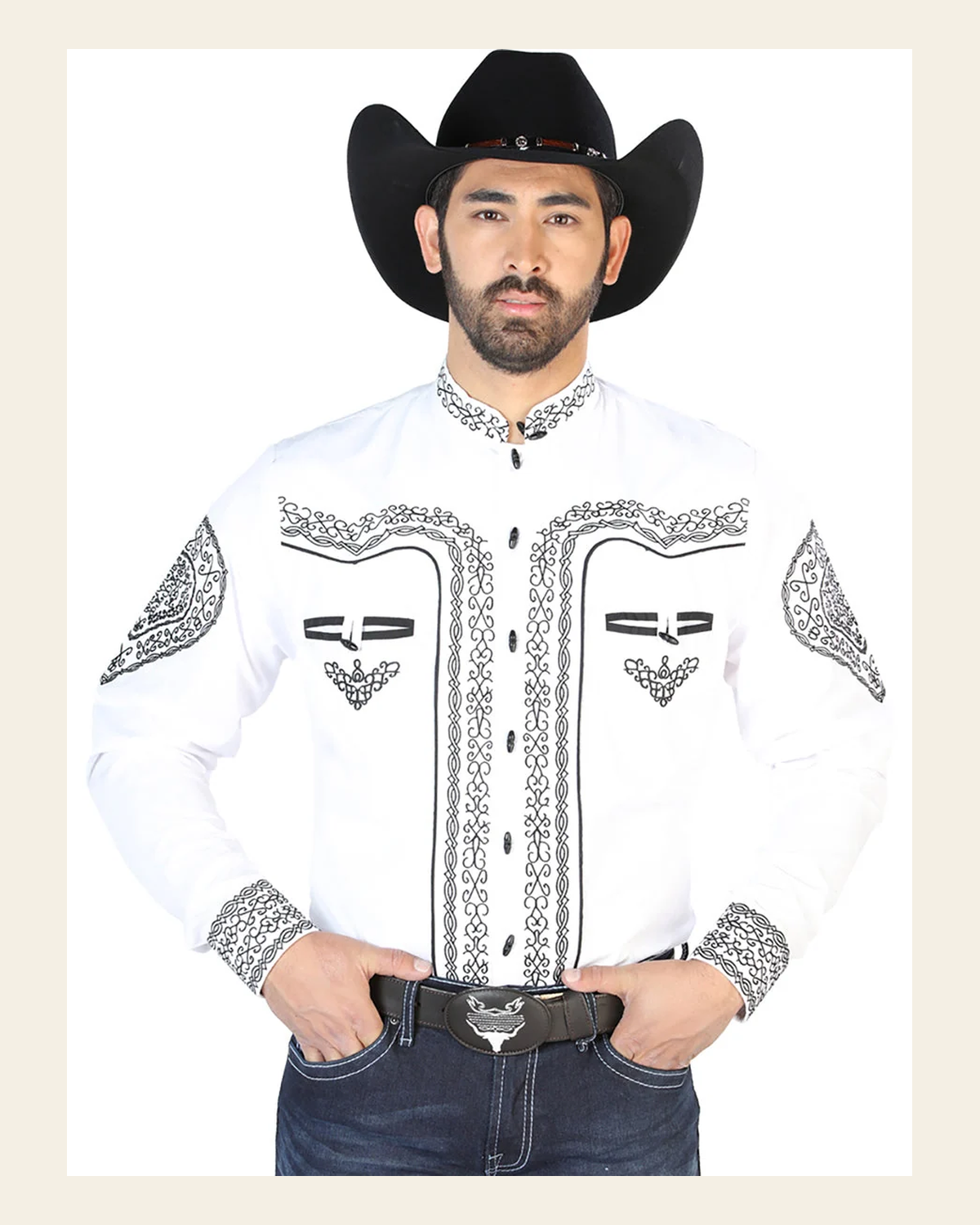 El Señor de los Cielos Charro Embroidery Shirt White/Black 126688 on a warm cream background