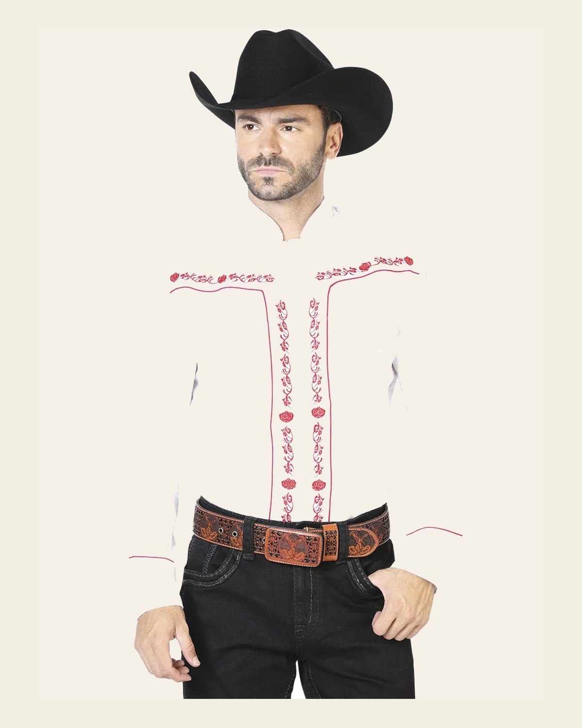 Men's Traditional Embroidered Western Shirt White/Red 42922 on a warm cream background
