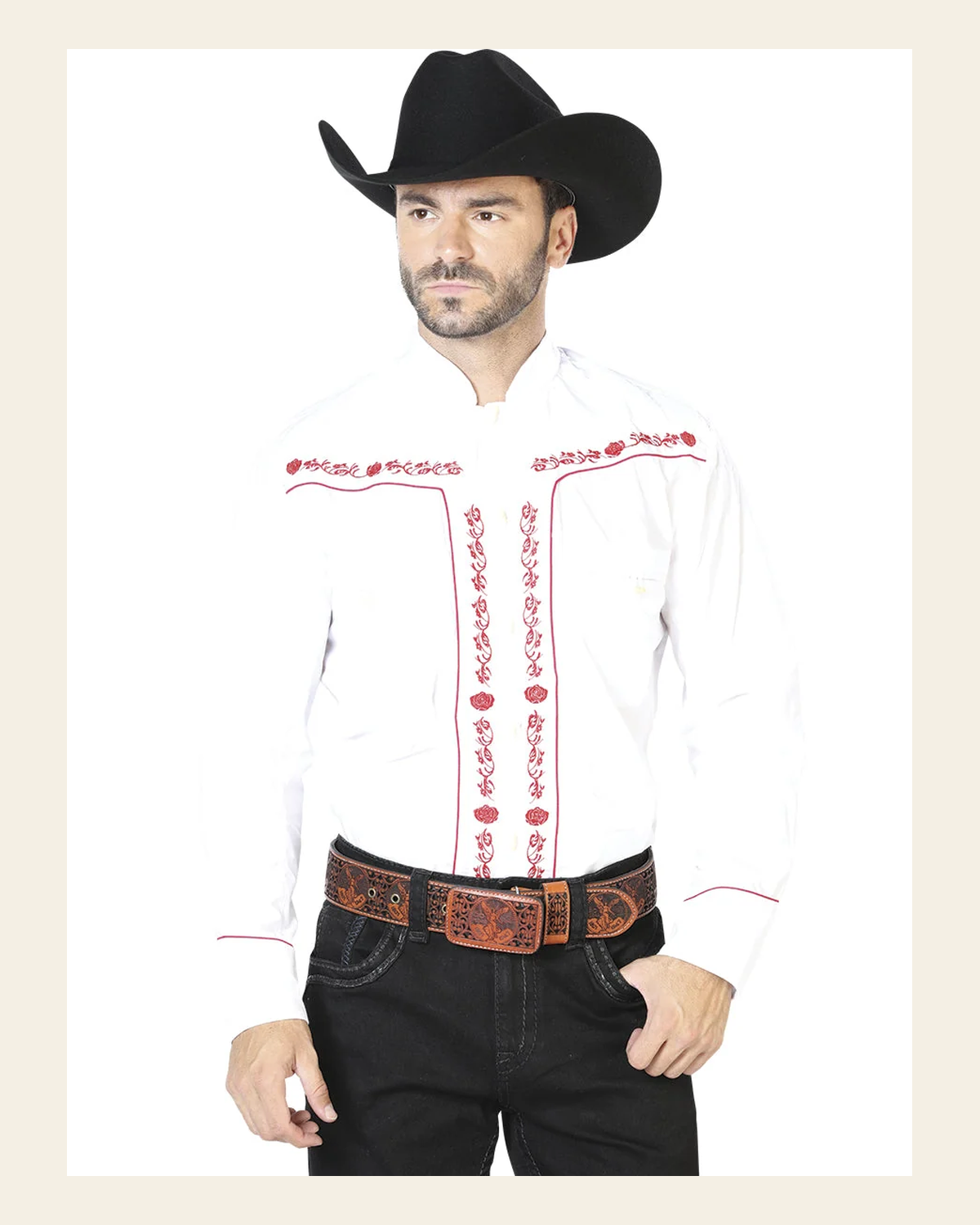 Men's Traditional Embroidered Western Shirt White/Red 42922 on a warm cream background