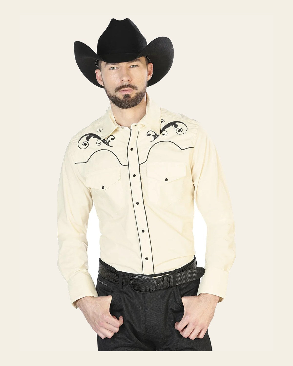 Men's Traditional Embroidered Western Shirt Beige/Black 42960 on a warm cream background