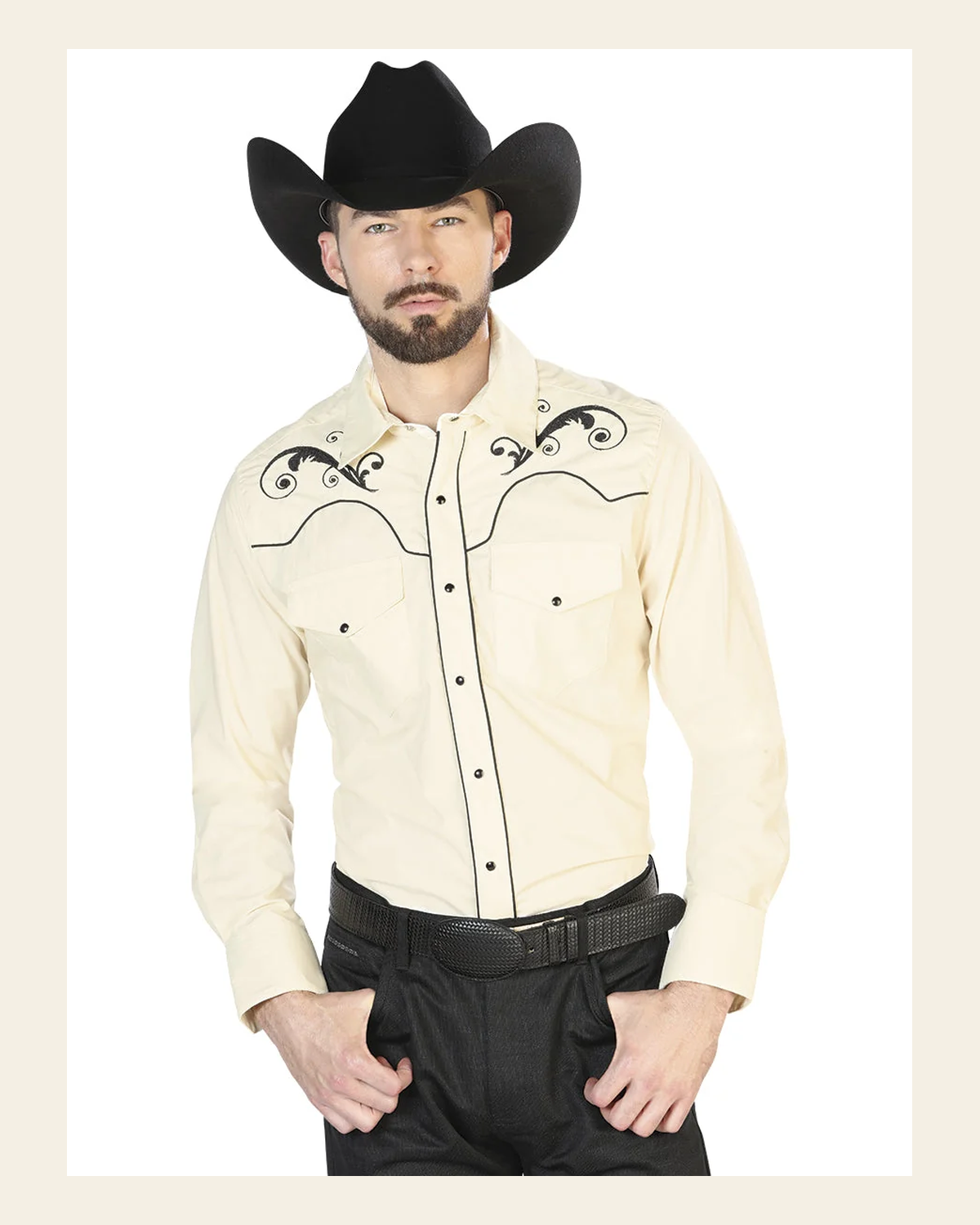 Men's Traditional Embroidered Western Shirt Beige/Black 42960 on a warm cream background