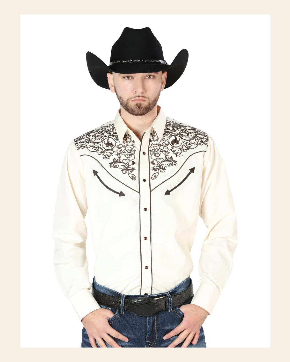 Men's Traditional Embroidered Western Shirt - Beige/Black 44189 on a warm cream background