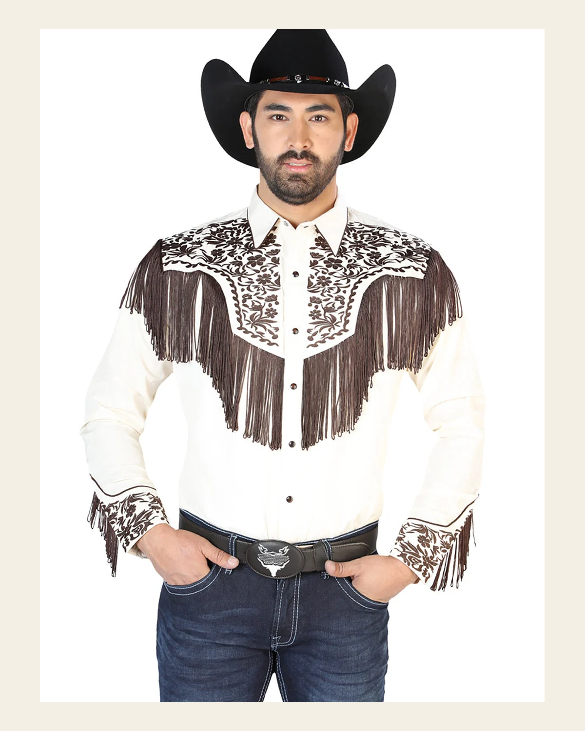El Señor de los Cielos Embroidery Shirt Beige/Brown 126710 on a warm cream background