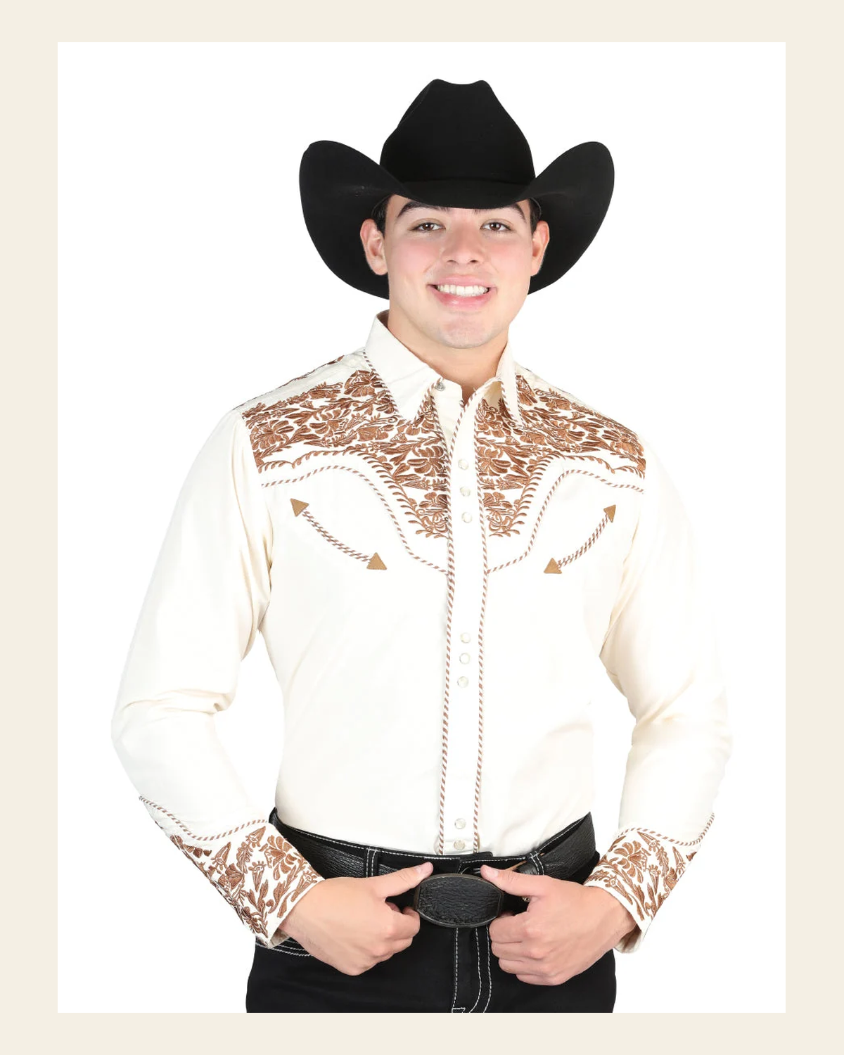 El General Men's Traditional Embroidered Western Charro Shirt - Beige/Dark Camel 44336 on a warm cream background