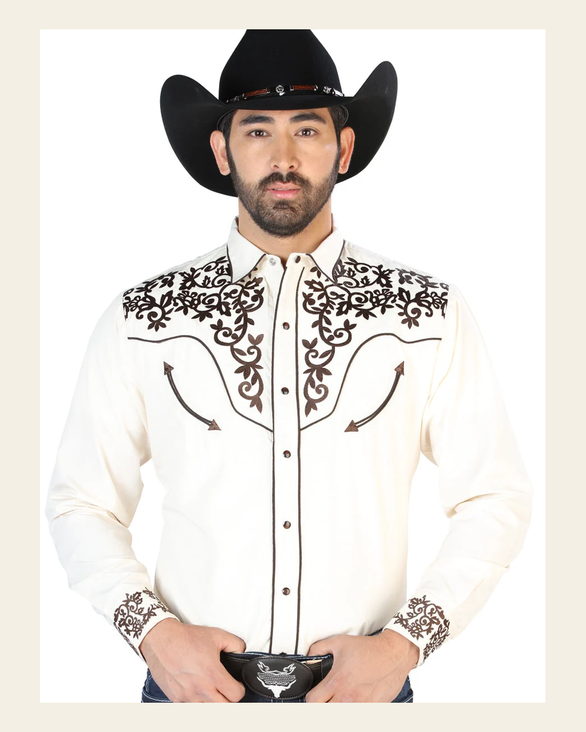 El Señor de los Cielos Embroidery Shirt Beige/Gold 126703 on a warm cream background