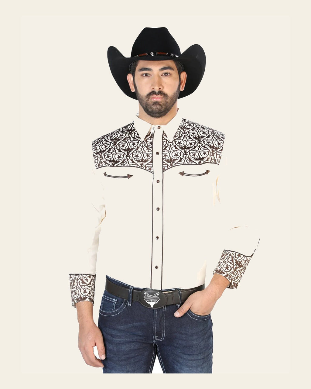 El Señor de los Cielos Embroidery Shirt Beige/Gold 126706 on a warm cream background