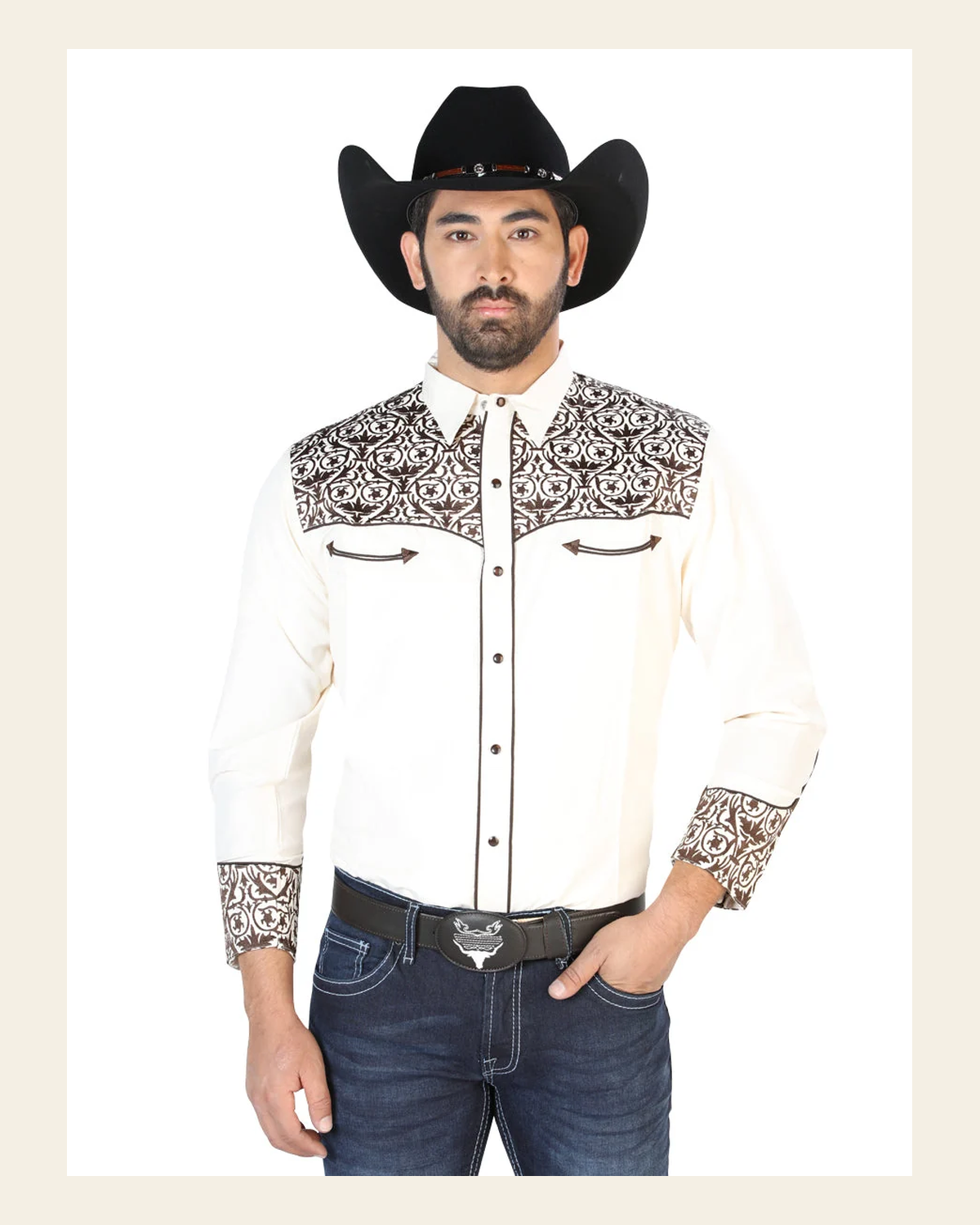 El Señor de los Cielos Embroidery Shirt Beige/Gold 126706 on a warm cream background