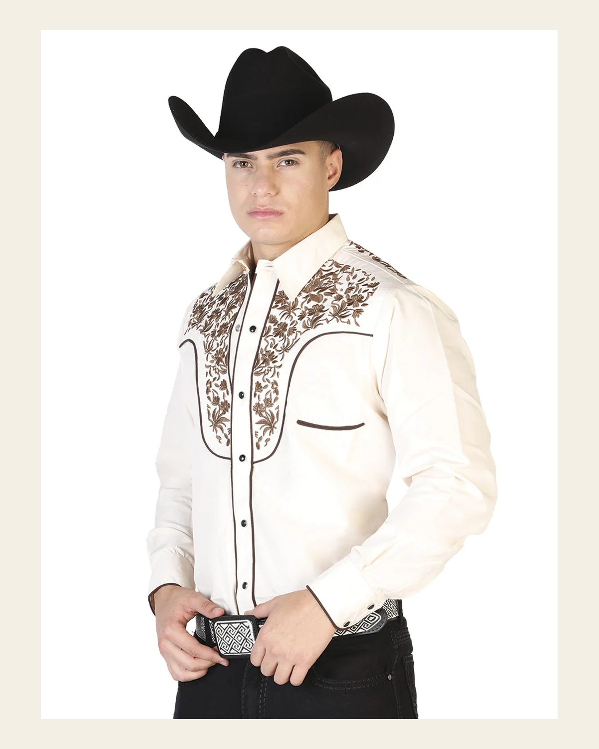 El General Men's Traditional Embroidered Western Charro Shirt - Beige/Gold 43299 on a warm cream background
