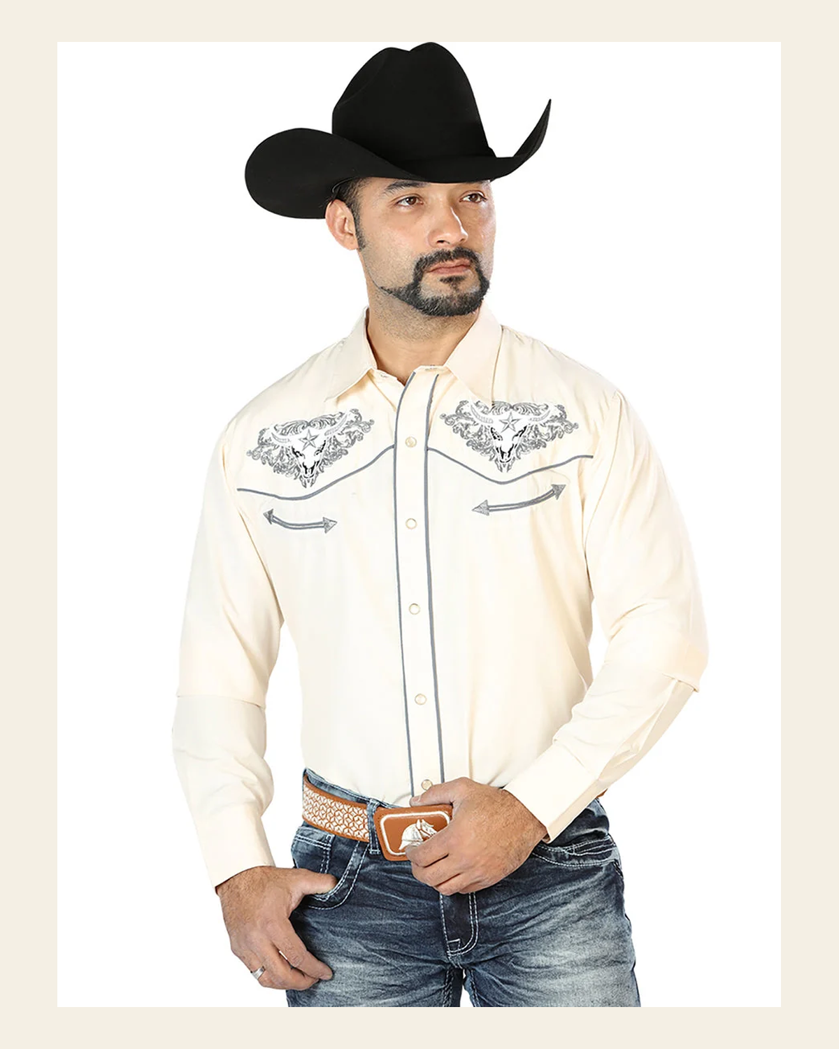 El Señor de los Cielos Embroidery Shirt Beige/Gray 126679 on a warm cream background