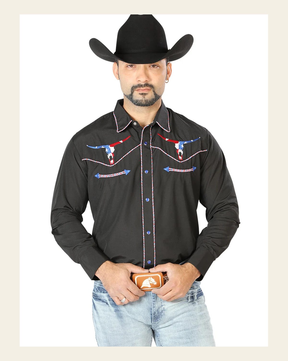 El Señor de los Cielos Embroidery Shirt Black 126671 on a warm cream background