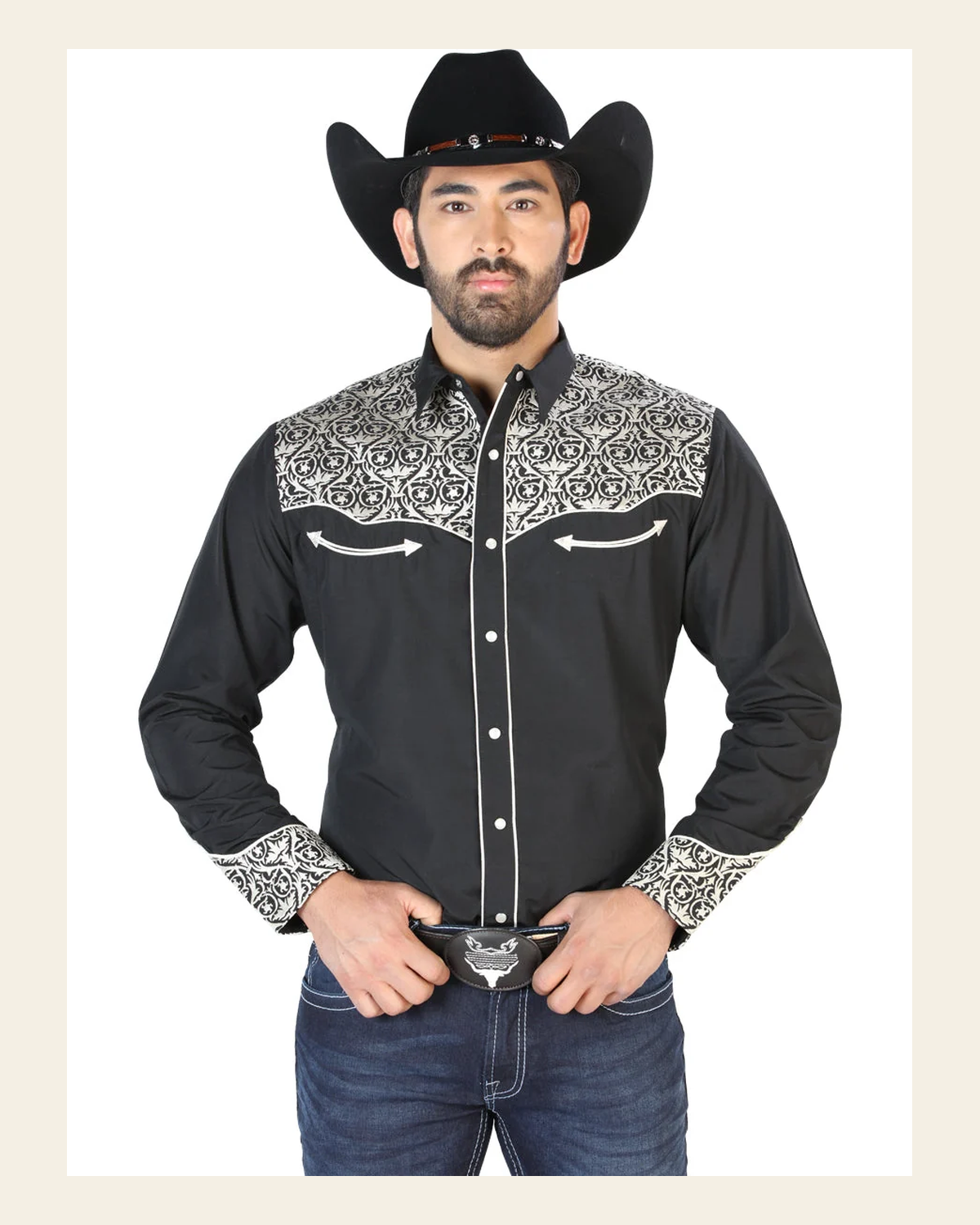 El Señor de los Cielos Embroidery Shirt Black/Beige 126704 on a warm cream background