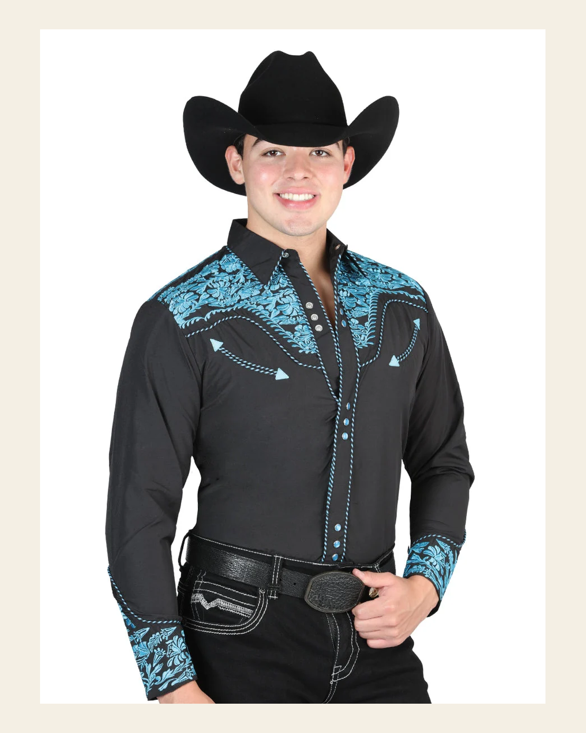 El General Men's Traditional Embroidered Western Charro Shirt - Black/Blue 44337 on a warm cream background