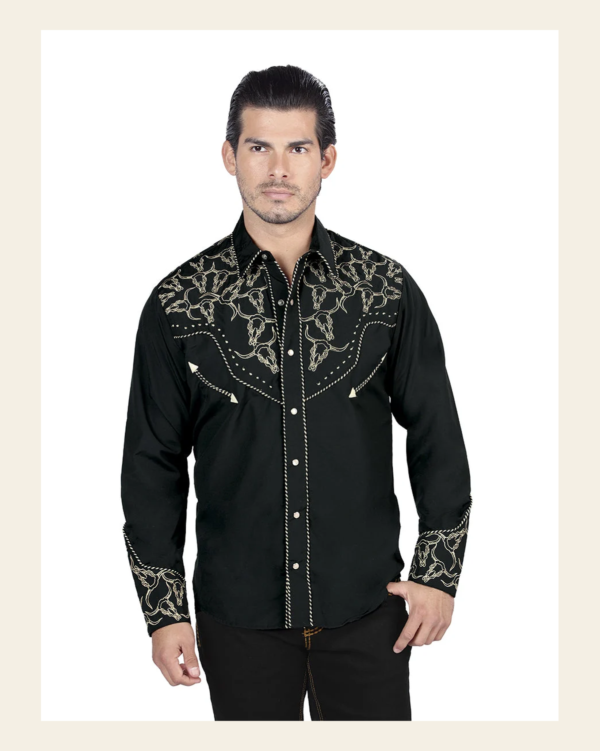 El General Men's Traditional Embroidered Western Charro Shirt - Black/Gold 44338 on a warm cream background