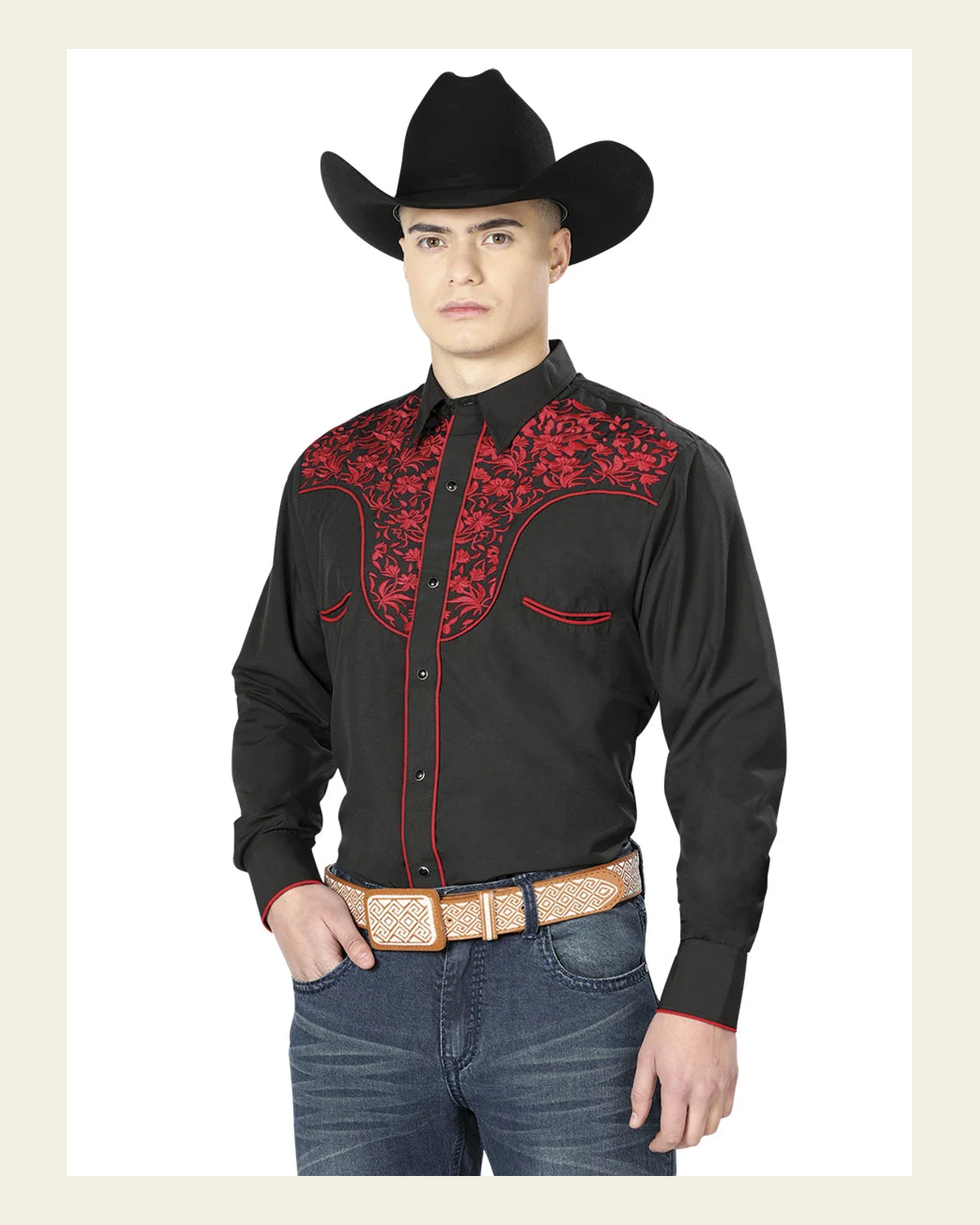 El General Men's Traditional Embroidered Western Charro Shirt - Black/Red 43297 on a warm cream background