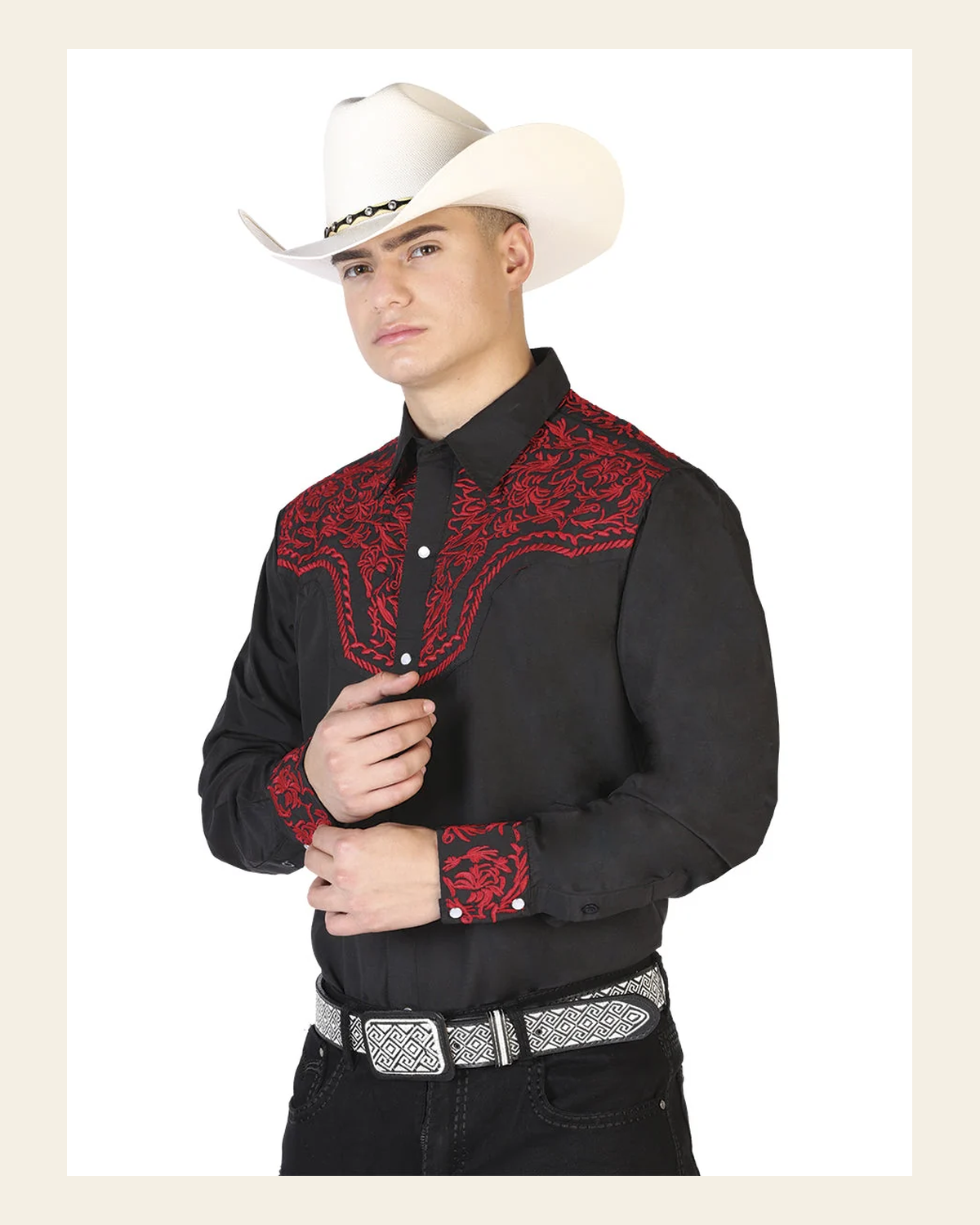 El General Men's Traditional Embroidered Western Charro Shirt - Black/Red 43301 on a warm cream background