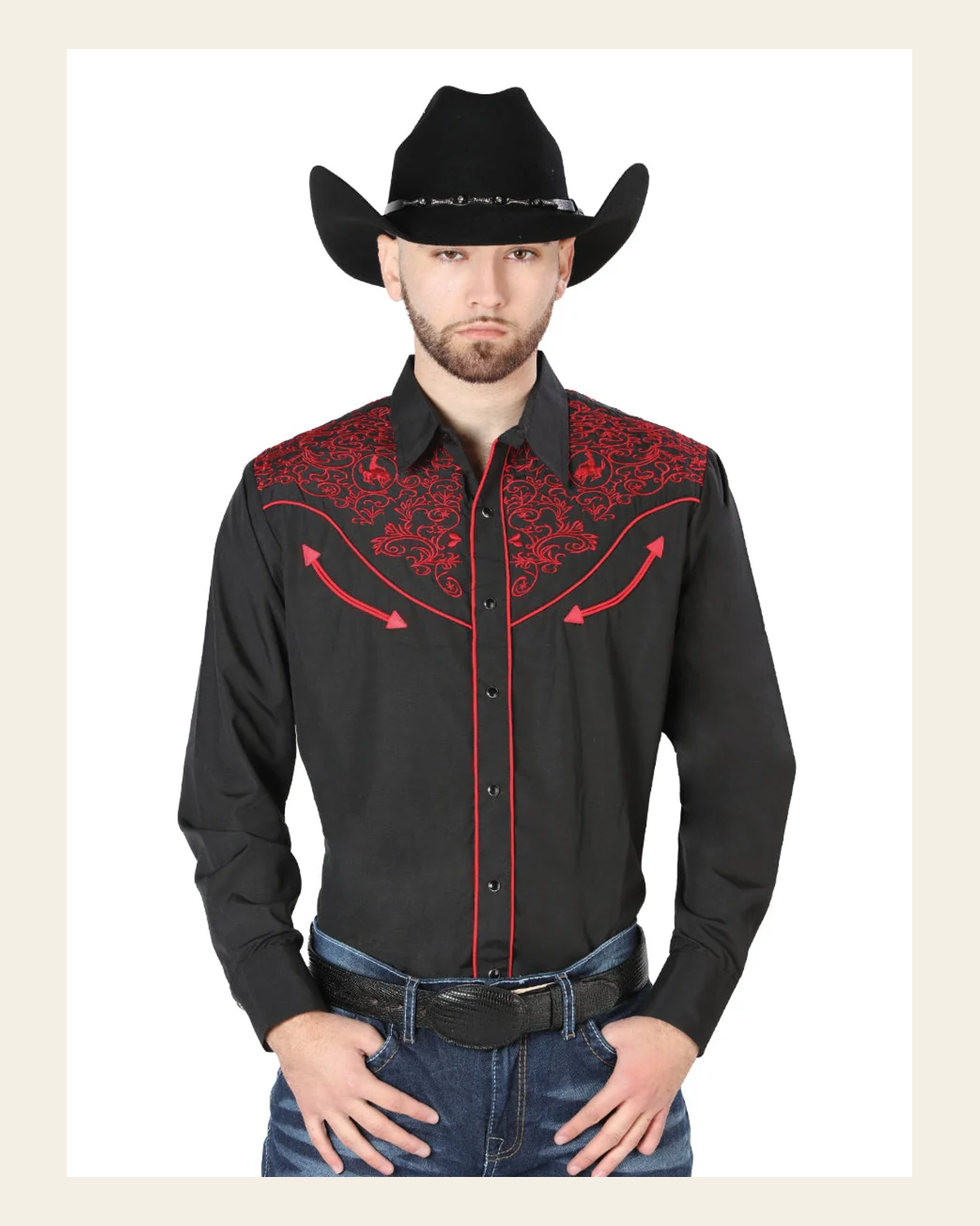 Men's Traditional Embroidered Western Shirt - Black/Red 44187 on a warm cream background