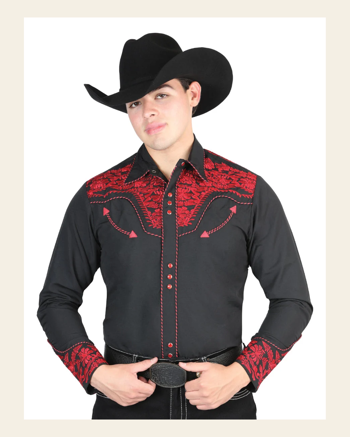 El General Men's Traditional Embroidered Western Charro Shirt - Black/Red 44335 on a warm cream background