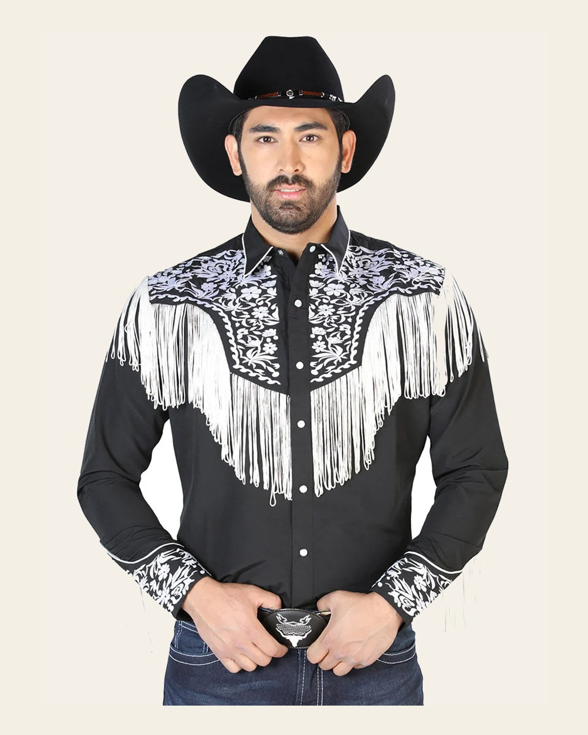 El Señor de los Cielos Embroidery Shirt Black/White 126707 on a warm cream background