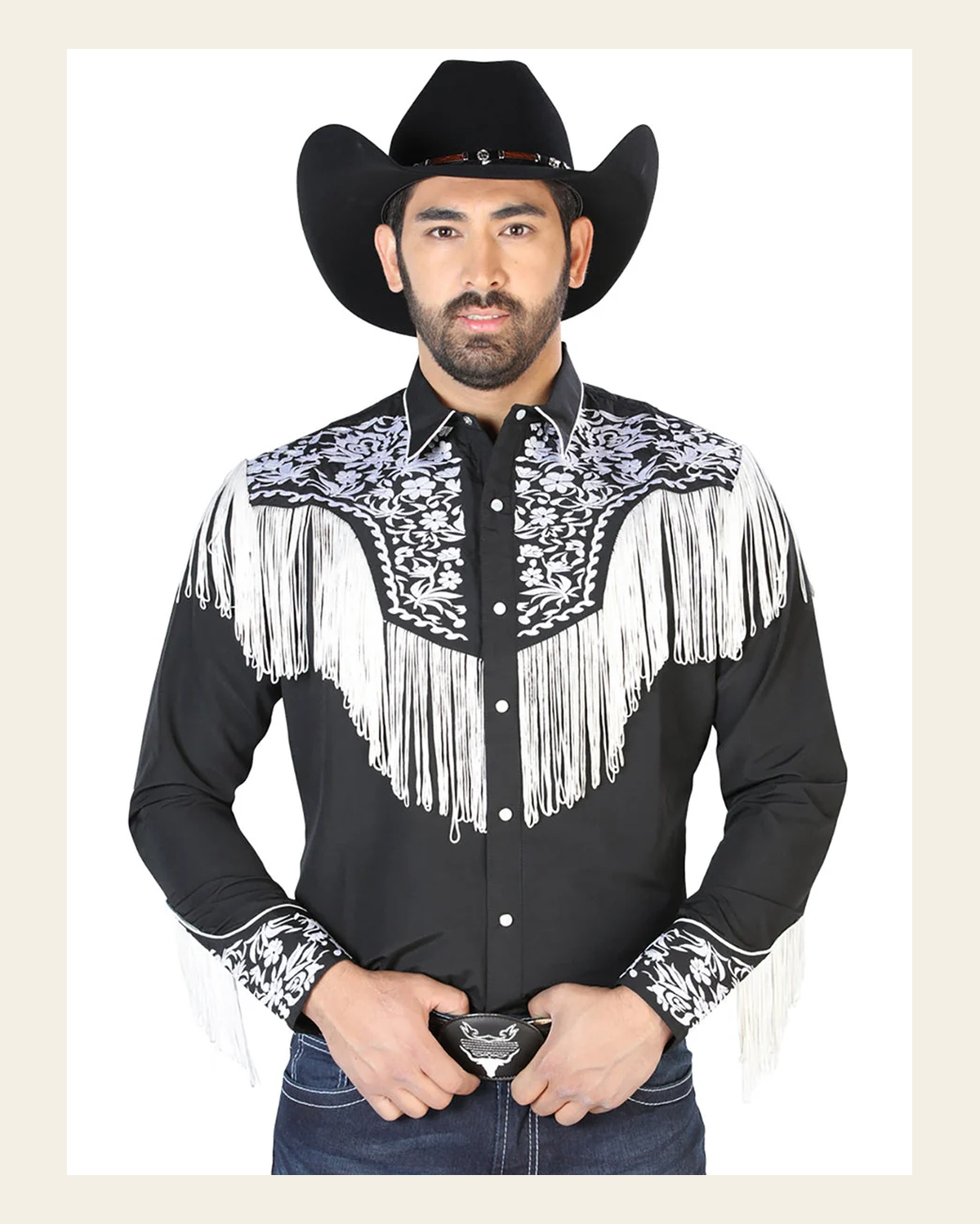 El Señor de los Cielos Embroidery Shirt Black/White 126707 on a warm cream background