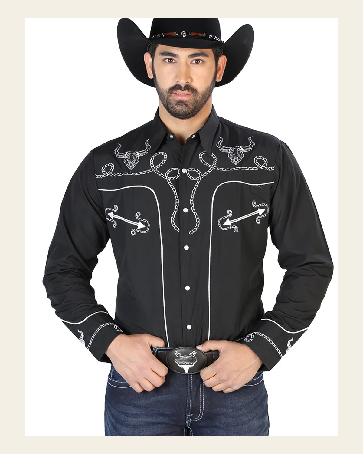 El Señor de los Cielos Embroidery Shirt Black/White 126711 on a warm cream background