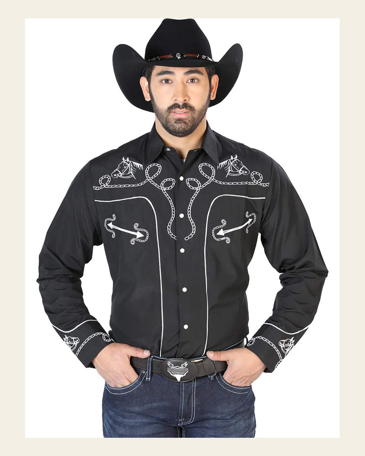 El Señor de los Cielos Embroidery Shirt Black/White 126714 on a warm cream background