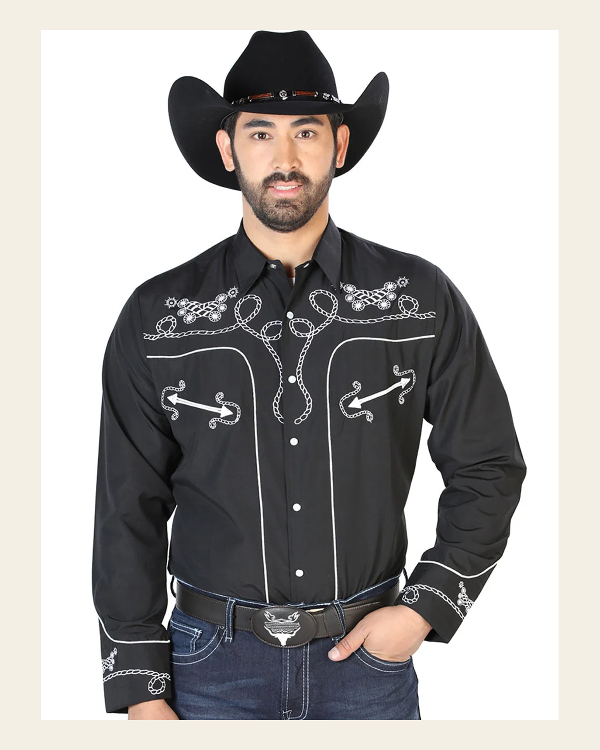 El Señor de los Cielos Embroidery Shirt Black/White 126717 on a warm cream background