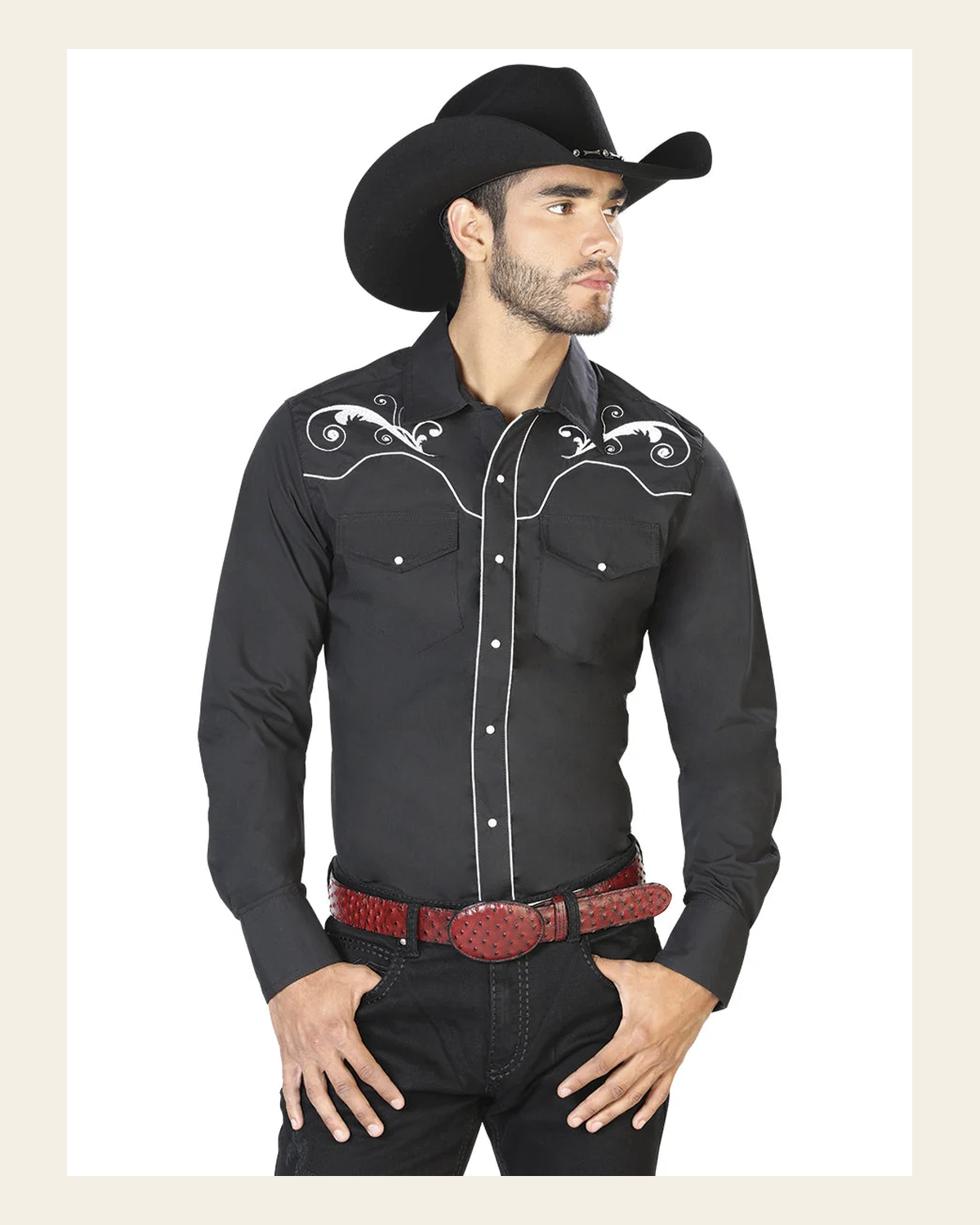 Men's Traditional Embroidered Western Shirt Black/White 42958 on a warm cream background