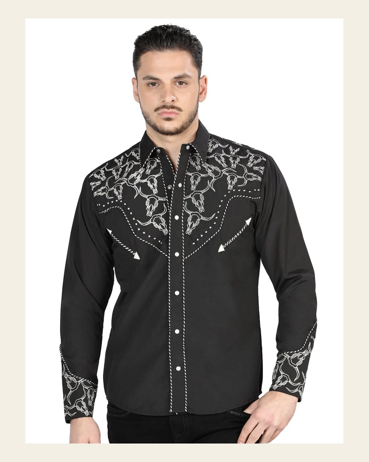 El General Men's Traditional Embroidered Western Charro Shirt - Black/White 44340 on a warm cream background