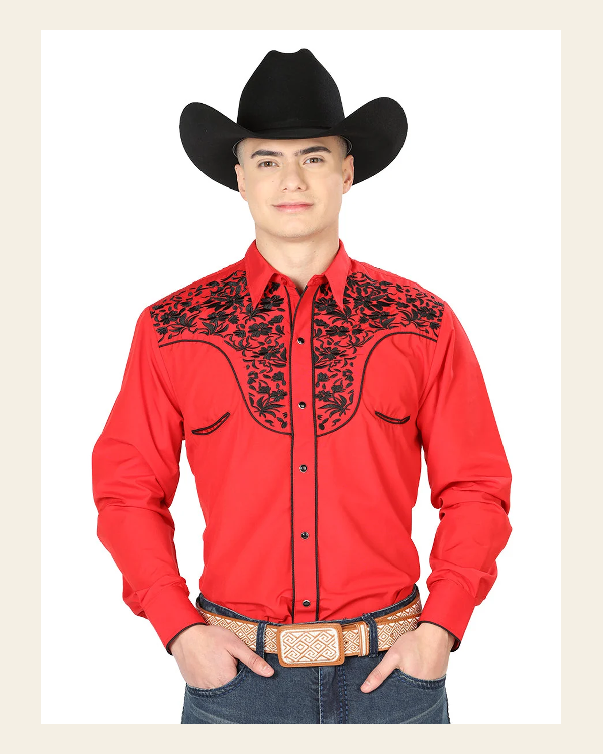El General Men's Traditional Embroidered Western Charro Shirt - Red/Black 43298 on a warm cream background