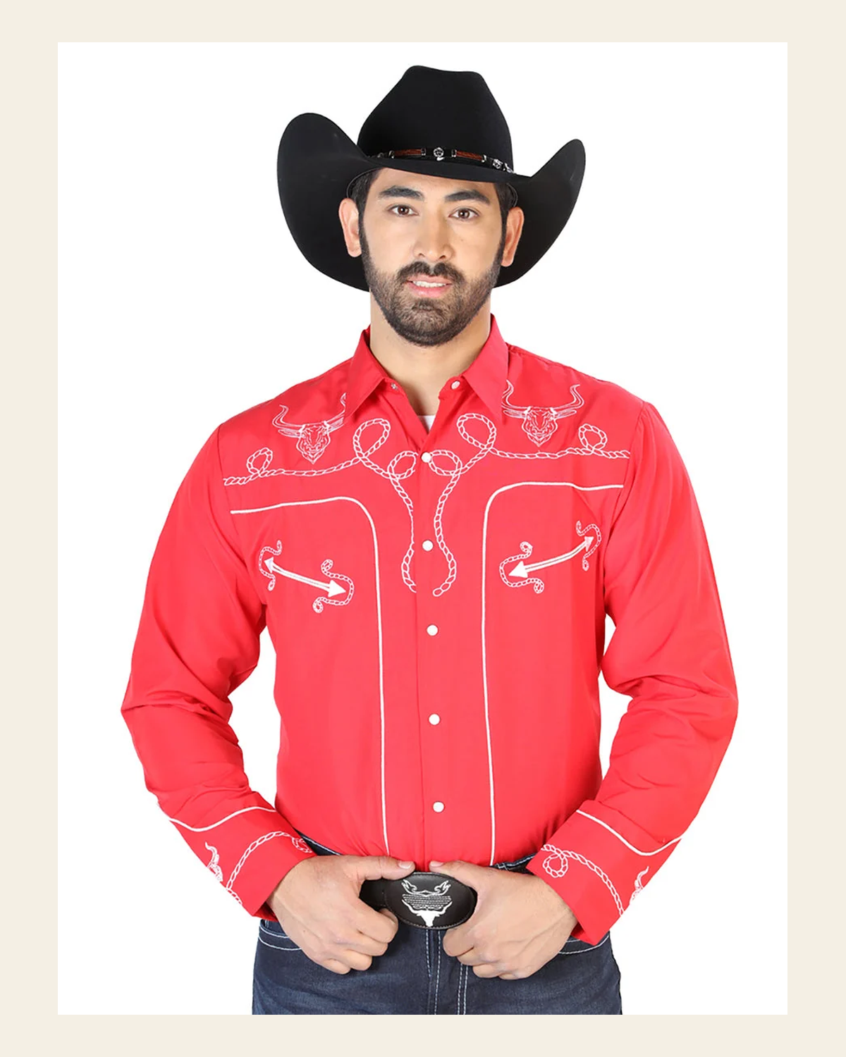 El Señor de los Cielos Embroidery Shirt Red/White 126713 on a warm cream background