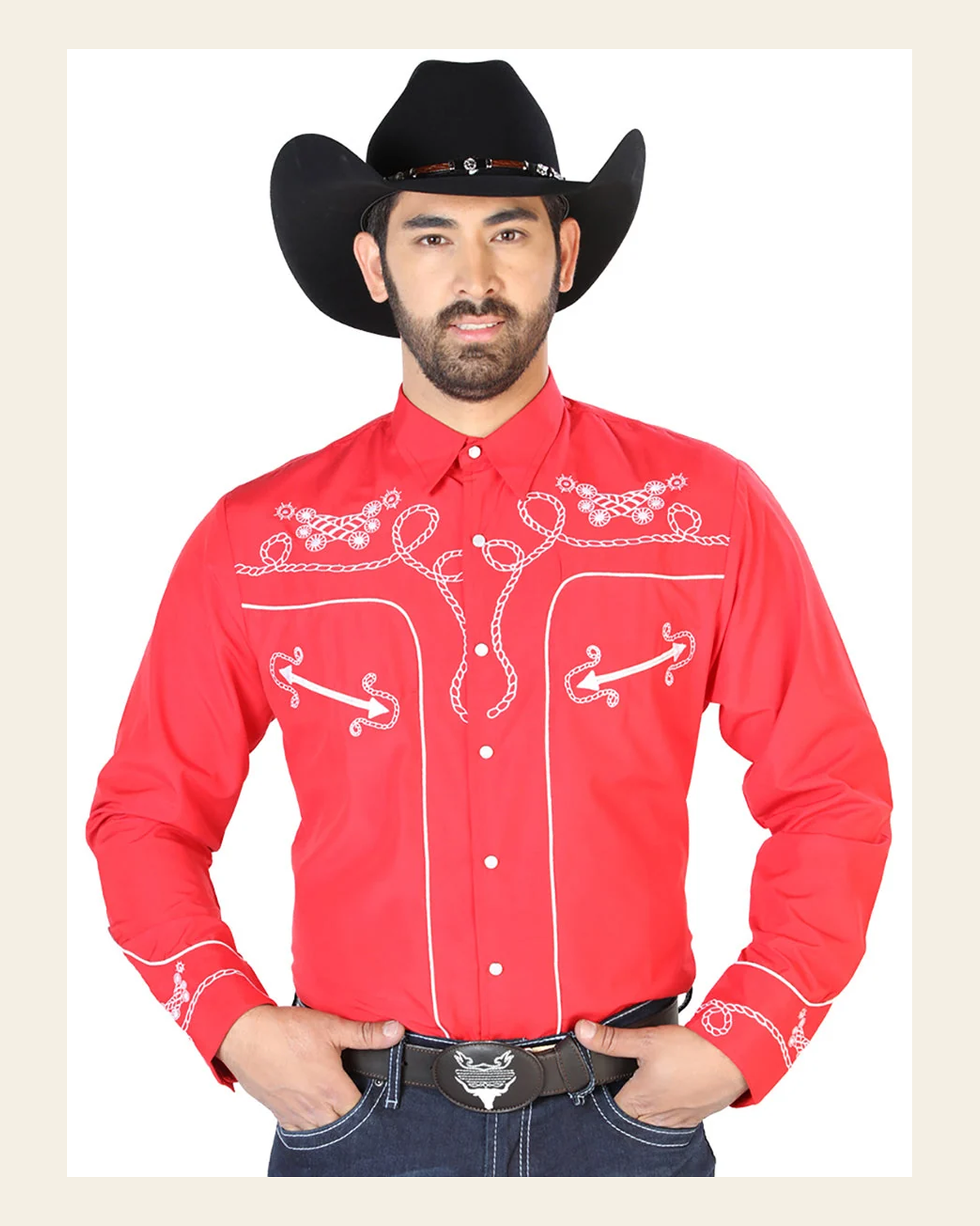 El Señor de los Cielos Embroidery Shirt Red/White 126719 on a warm cream background
