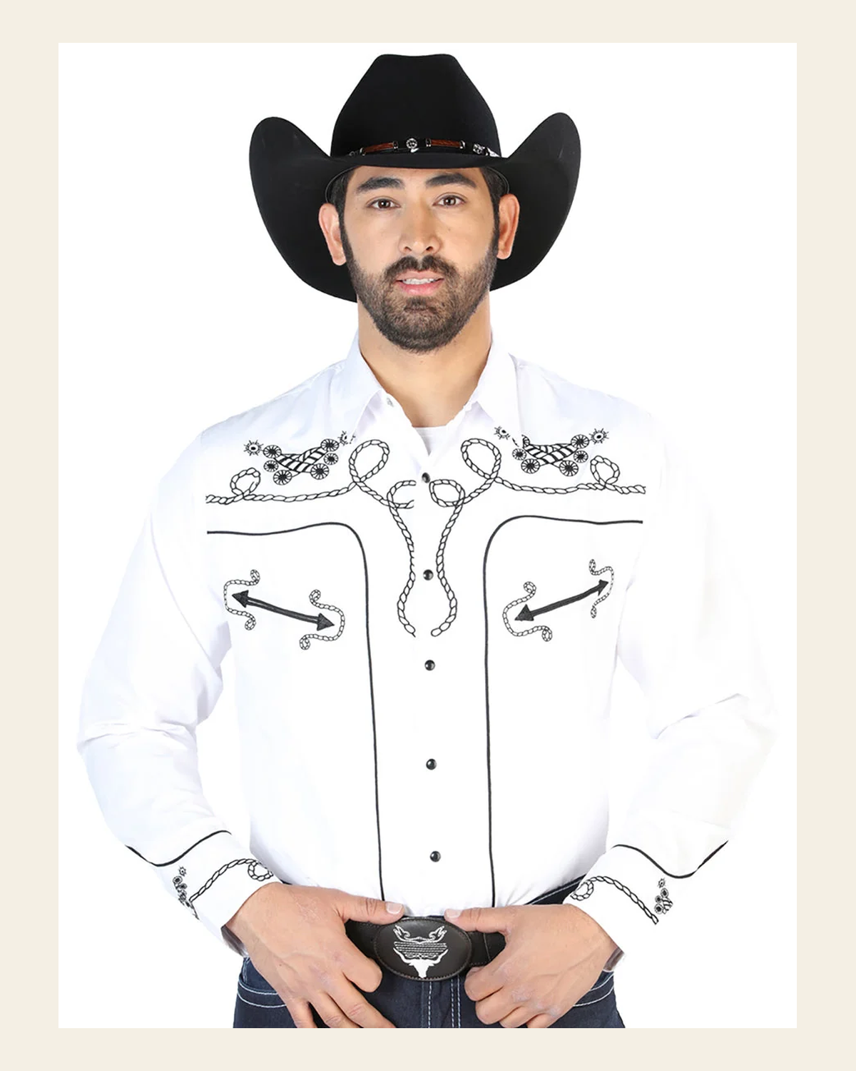 El Señor de los Cielos Embroidery Shirt Whie/Black 126718 on a warm cream background